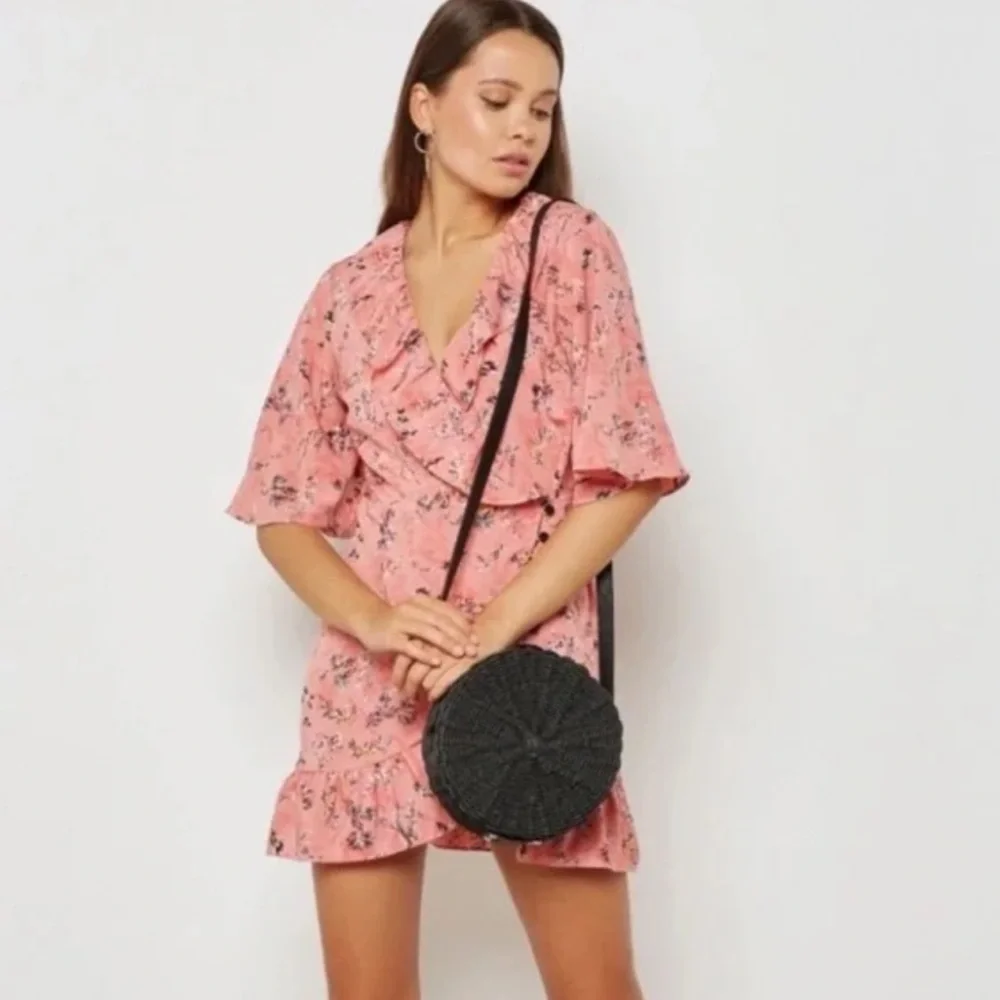 Topshop Pink Floral Ruffle Wrap Dress, size 10
